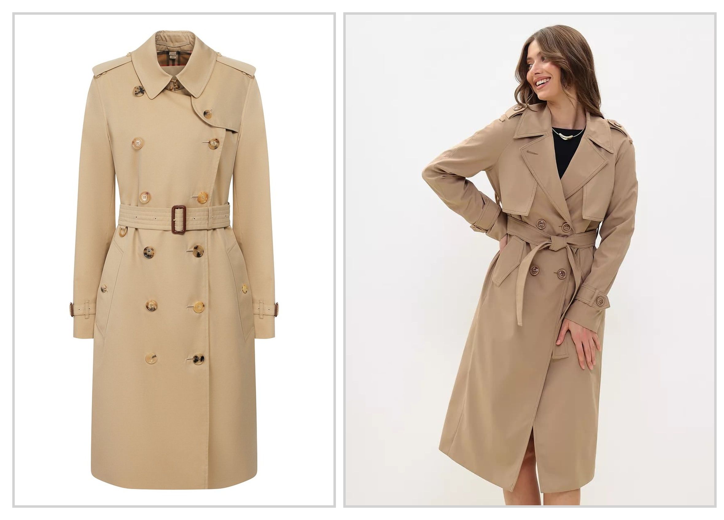 Коллаж: оригинальный тренч Burberry Kensington и его аналог с Wildberries