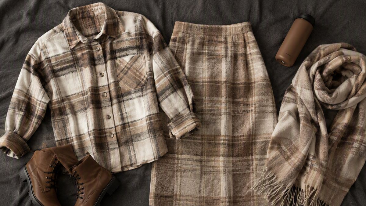 Три вещи в шотландскую клетку — рубашка, юбка-миди и шерстяной платок — разложены на тёмно-серой ткани рядом с ботинками и термокружкой