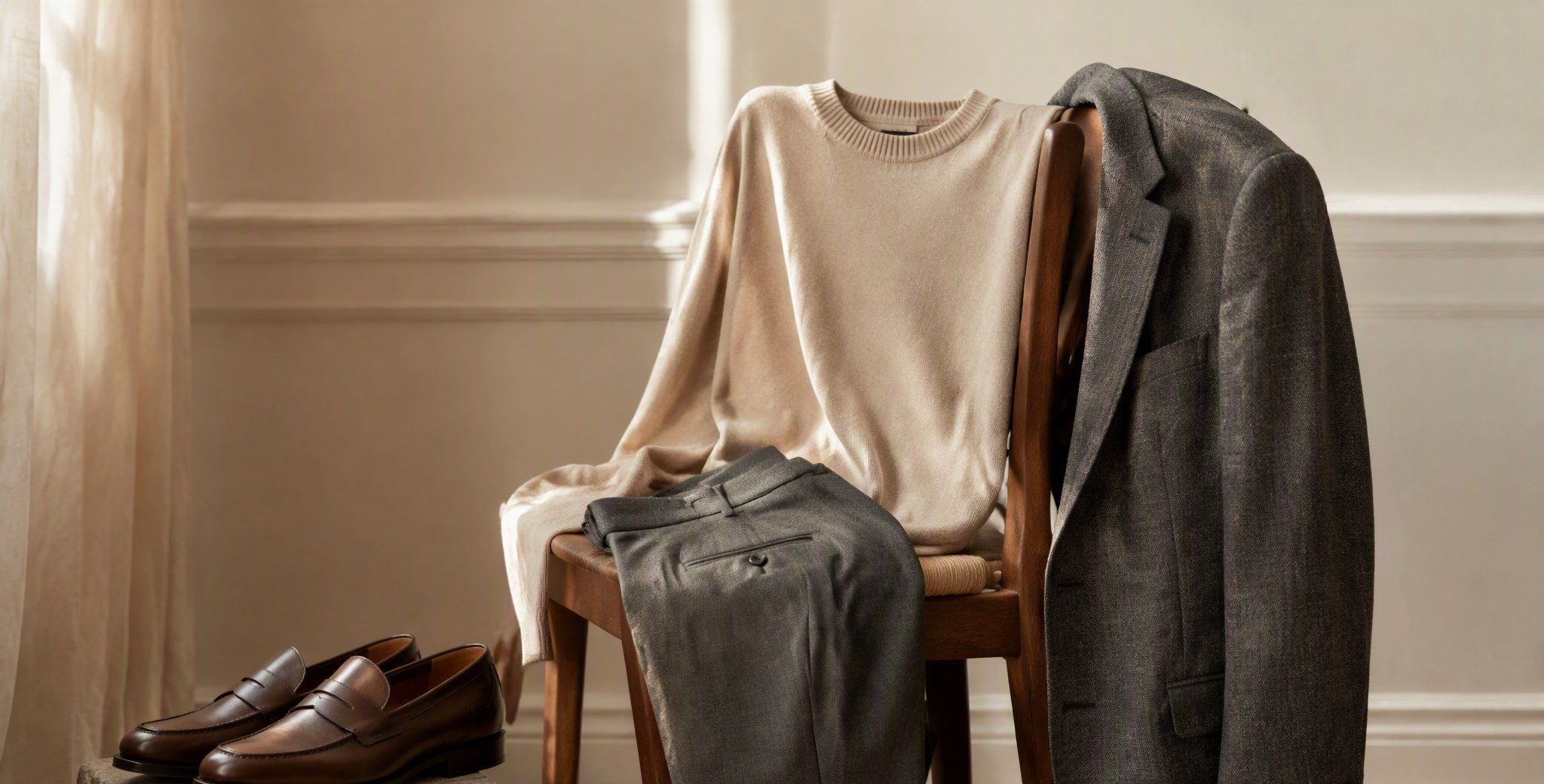 Образ smart casual — бежевый трикотажный джемпер, серые брюки и коричневые лоферы с блейзером, перекинутым через спинку стула, на кремовом фоне